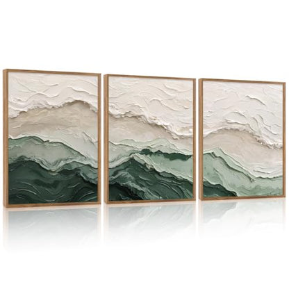 Aurlan 3D Textured Green Abstrcat Ocean Framed Canvas Wall Art 12x16 Inch - color: Green Beige (3D Textured), size: 12"L x 16"W