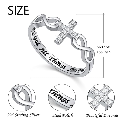 Alphm S925 Sterling Silver Christian Cross Infinity Inspirational Faith Bible Verse Ring for Women Teen Jewelry - size: 6