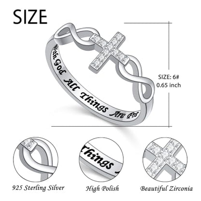 Alphm S925 Sterling Silver Christian Cross Infinity Inspirational Faith Bible Verse Ring for Women Teen Jewelry - size: 6