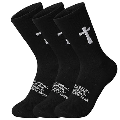 3 Pairs Unisex Cross Socks,Gifts for Christian: Easter Christmas - color: Matthew 19:26 - Black
