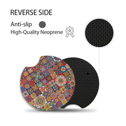 Boho Absorbent Neoprene Car Coasters, 2.75inch Mandala Style, 2 Pack Universal with Finger Slot - color: Multicolor