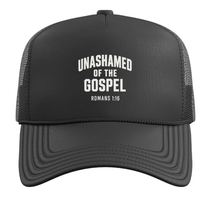 Unashamed of the Gospel, Christian Teen Romans 1:16 Trucker Hat with Adjustable Mesh Back - color: Black