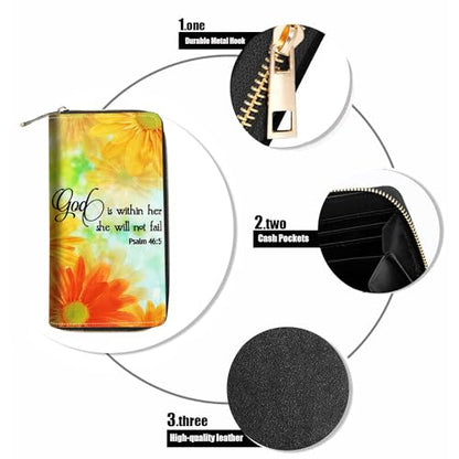Daisy Floral Quote Bible Verses Psalm 46:5 Print Wallet for Women Large Capacity Wallet Credit Card Holder PU Leather Zipper Clutch Purse Phone Wallet - color: Daisy Floral Quote Bible Verses Psalm 46:5