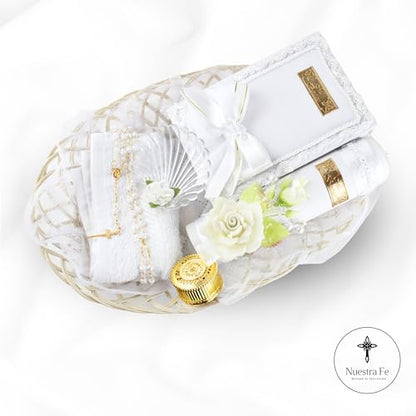 Complete Baptism Candle Set Unisex 5 pc | Baptism kit Catholic with Rosary - color: White