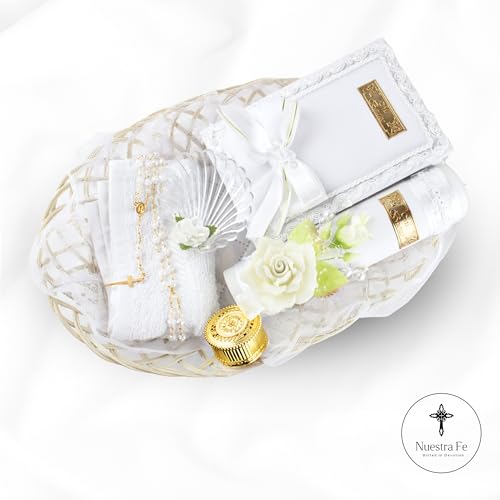 Complete Baptism Candle Set Unisex 5 pc | Baptism kit Catholic with Rosary - color: White