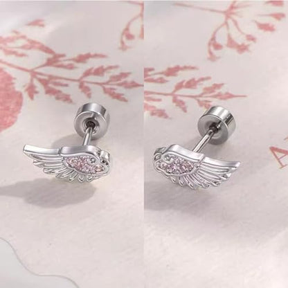 Angel Wing Earrings for Women Statement Flat Back Cartilage Stud Earrings Trendy Angel Wing Helix Piercing Stud Silver Cubic Zirconia Earring Jewelry Accessories - color: Hot Pink