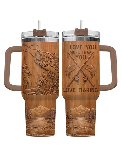 34HD Fishing Love You More 40 oz Tumbler with Handle, Romantic Gift - color: Bass Fish Wood