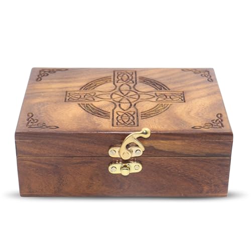 Celtic Cross Wooden Jewelry Box, Rosewood Handmade Engraved Christian Keepsake Storage Chest for Women & Men, Religious Gift Box, Vintage Wooden Treasure Organizer for Jewelry & Decor - color: Cross - 2, size: 7" x 5.5" x 3.5"