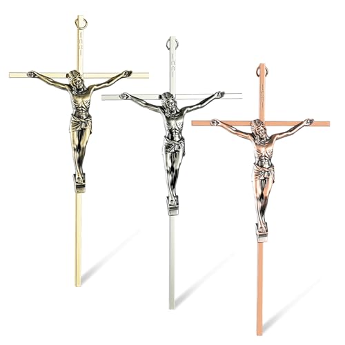 ACHIBANG 10" Crucifix Wall Cross 3 Pack – Gold, Silver & Copper Jesus Crosses for Wall, Catholic Crucifix Wall Decor for Home or Over-the-Door Blessing - color: 3 Pcs (Gold+Silver+Copper)