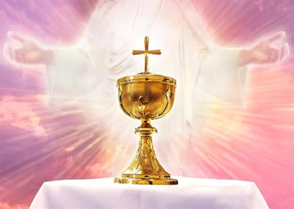 BELECO 15x10ft Fabric Holy Communion Backdrop Chalice in an Altar with God Light Holy Eucharist Theme Background First Communion Party Decorations Christian Church Sanctuary Banner Photo Studio Props - size: 15x10FT