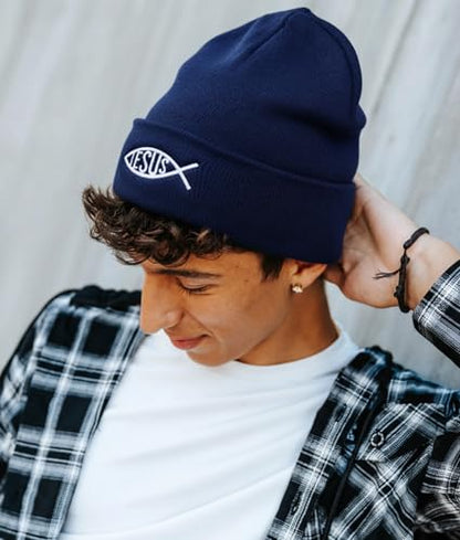 Christian Jesus Fish Beanie Hat for Men Women, Cuffed Beanie Jesus Hats, Religious Gifts for Christmas, New Years - color: Navy Blue, style: Jesus Fish