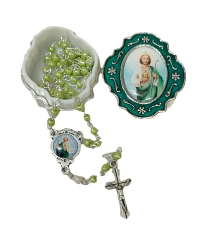 Catholic Silver Linked Rosary Set – 3mm Beads, 14.25" Length, Metal Keepsake Gift Box with Enamel Inlay – Perfect First Communion Gift (St. Jude) - color: St. Jude