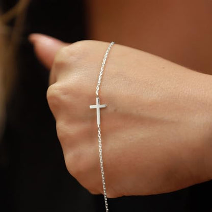 LUCA SMITH 925 Sterling Silver Cross Bracelet for Women Adjustable Stackable Dainty 14K Gold/Silver Cute Tiny Symbolic Cross Pendant Charm Link Chain Faith-Based Jewelry - color: silver