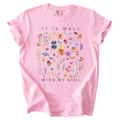 FITIN It is Well with My Soul Garment-Dyed T-Shirt, Vintage Floral Faith Graphic Tee, Christian Inspirational T-Shirt - color: Blossom, size: Small