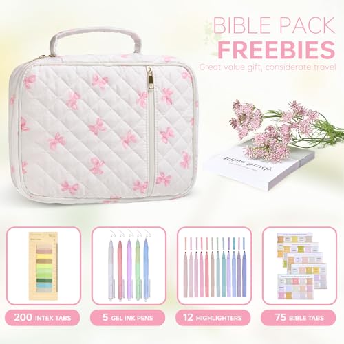 Bible Bag Cover Case for Women Study Supplies Kit Church Book Holder - color: Pink Bow