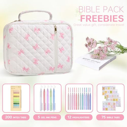 Bible Bag Cover Case for Women Study Supplies Kit Church Book Holder - color: Pink Bow