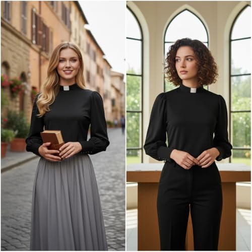 CAMDOM Womens Church Clergy Shirt Tab Collar Long Puff Sleeve with Cufflinks Blouse Top - size: Small