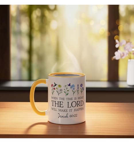 When the Time Right The Lord Will Make Happen Isaiah 60:22 Ceramic Mug, Yellow/White, 11oz - color: Yellow/White, size: 11 Ounces