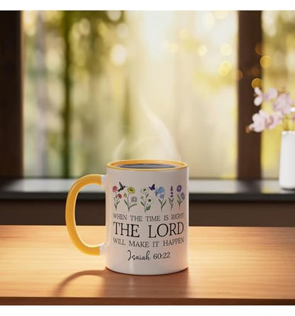 When the Time Right The Lord Will Make Happen Isaiah 60:22 Ceramic Mug, Yellow/White, 11oz - color: Yellow/White, size: 11 Ounces