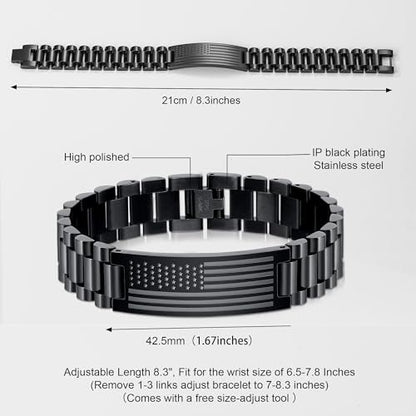 P. BLAKE American Flag Bible Verse Bracelet for Men, Stainless Steel Engraved Scripture Bracelet Christian Religious Christmas Birthday Jewelry Gifts - color: Black, size: Custom