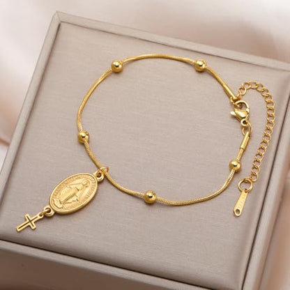 VASSAGO Virgin Mary Bracelet for Women Men Double-Sided Virgen de Guadalupe Rosary Bracelet Medal Handmade Braided Rope Catholic Christian Religious Jewelry Gift - color: Gold 10