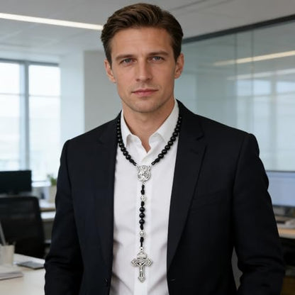 HanlinCC Stone Beads St.Michael Paracord Catholic Rosary with Bag for Men - style: Black Agate