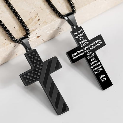 American Flag Cross Necklace for Men, Christian Confirmation Baptism Gifts - color: Black, style: John 3:16