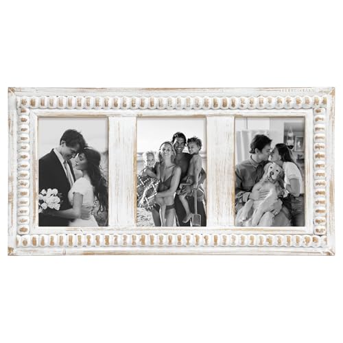 MODE HOME Triple 4x6 Picture Frame, 3 Opening Whitewashed Farmhouse Photo Frame Collage for Tabletop Display, Horizontal 3 Picture Frame 4x6 for Family Memories - color: White, size: 3 Opening 4x6