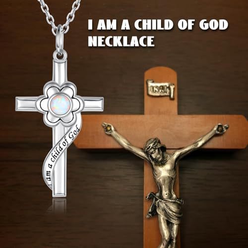 I am a Child of God Necklace - 925 Sterling Silver Birthstone Flower Cross Pendant Religious Jewelry Baptism First Communion Confirmation Gifts for Girls - style: Oct.