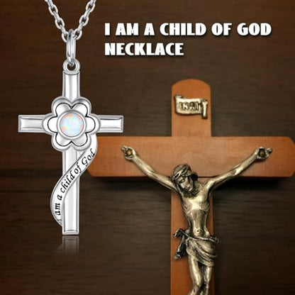 I am a Child of God Necklace - 925 Sterling Silver Birthstone Flower Cross Pendant Religious Jewelry Baptism First Communion Confirmation Gifts for Girls - style: Oct.