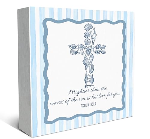 SRADMO Coastal Beach Seashell Cross Christian Wood Box Sign Desk Decor, Psalm 93:4 Bible Verse Religious Ocean Theme Wooden Block Box Sign Decoration for Church Home Office Shelf Table Decor
