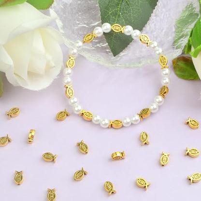 100pcs Jesus Fish Spacer Beads Religious Charm Beads Tibetan Alloy Christian Fish Shape Loose Beads for DIY Bracelet Necklace Jewelry Making Supplies - color: Antique Golden