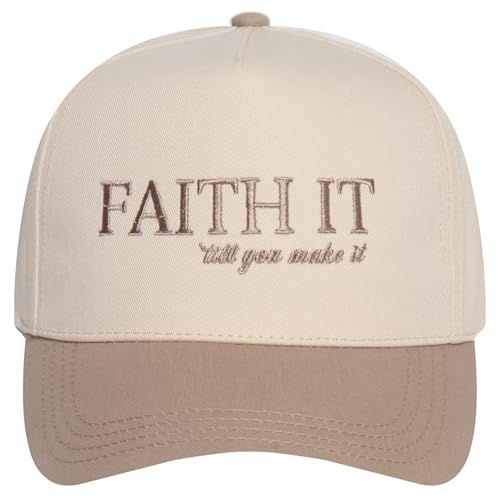 MIRMARU Christian Theme Embroidered 5 Panel Cotton Trucker Hat Snapback Cap for Men and Women - color: Faith It, Beige