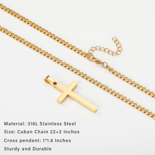 Gnamy Cross Necklace for Men Boys Stainless Steel Bible Verse Cross Pendant with Cuban Link Chain (22+2 Inches) | Christian Religious Jewelry Gifts - color: Gold, style: PHILIPPIANS 4:13