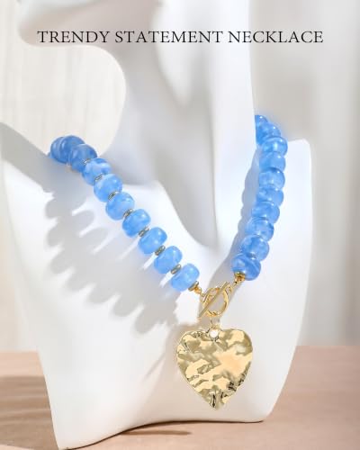 ZHESHY Chunky Beaded Necklaces for Women Heart Cross Statement Necklace - color: Blue 3