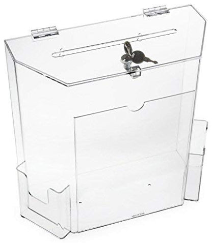 Donation Collection Office Suggestion Acrylic Ballot Box 9 x 8 inch with Display area of 8 x 3.75 inch comes with 2 business card size pockets and lock with set of keys (clear) - color: Clear