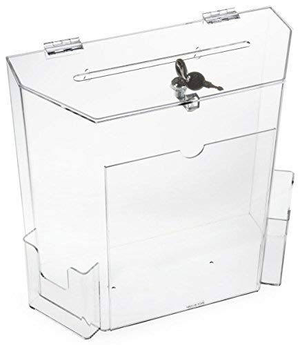 Donation Collection Office Suggestion Acrylic Ballot Box 9 x 8 inch with Display area of 8 x 3.75 inch comes with 2 business card size pockets and lock with set of keys (clear) - color: Clear