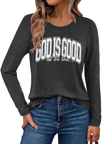 Christian Shirts for Women: Faith Over Fear T Shirt Religious Graphic Tee Bibel Verse Long Sleeve Tops - color: Grey2, size: Large