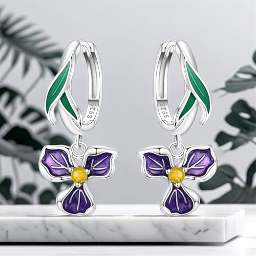 925 Sterling Silver Drop & Dangle Earrings for Women,Butterfly Dragonfly and Bee|Flower and leaf Earrings, Suitable for Sensitive Ears Fashion Jewelry Gift- Hypoallergenic Earrings - color: Purple iris