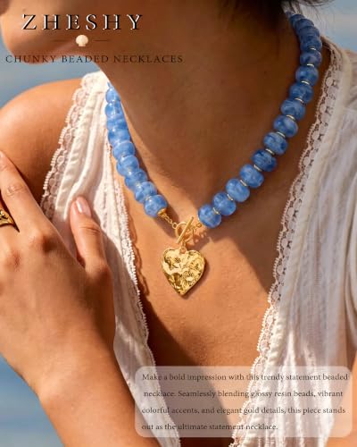 ZHESHY Chunky Beaded Necklaces for Women Heart Cross Statement Necklace - color: Blue 3