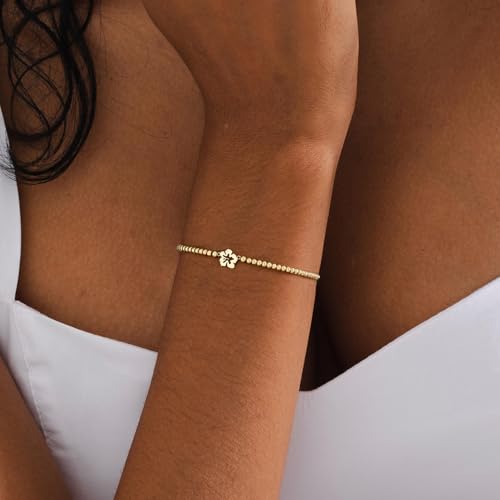Gold Bracelets for Women 14K Gold Plated Bead Bracelet Hypoallergenic Stretch Bracelets for Women Elastic Bracelet Trendy Teen Gift Dainty Jewelry for Women - style: Flower-1