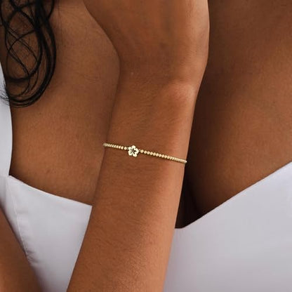 Gold Bracelets for Women 14K Gold Plated Bead Bracelet Hypoallergenic Stretch Bracelets for Women Elastic Bracelet Trendy Teen Gift Dainty Jewelry for Women - style: Flower-1