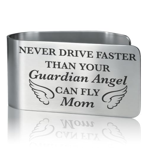 Never Drive Faster Than Your Guardian Angel Can Fly Mom Engraved Stainless Steel Car Visor Clip, Inspirational Guardian Angel Safe Driving Gifts for Son Daughter, Drive Safe Reminder Gifts - color: silver011