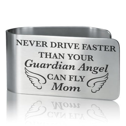 Never Drive Faster Than Your Guardian Angel Can Fly Mom Engraved Stainless Steel Car Visor Clip, Inspirational Guardian Angel Safe Driving Gifts for Son Daughter, Drive Safe Reminder Gifts - color: silver011