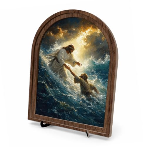 Farmhouse Christian Arch Wood Sign, Jesus Rescues Peter Faith Gift 8"×10" - color: color_name14