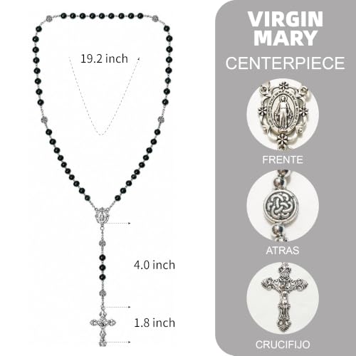 8mm Glass Pearl Rosary - Catholic Necklace for Men and Women Comes in a Metal Gift Box, First Communion Rosary Necklace as Gifts - color: Black