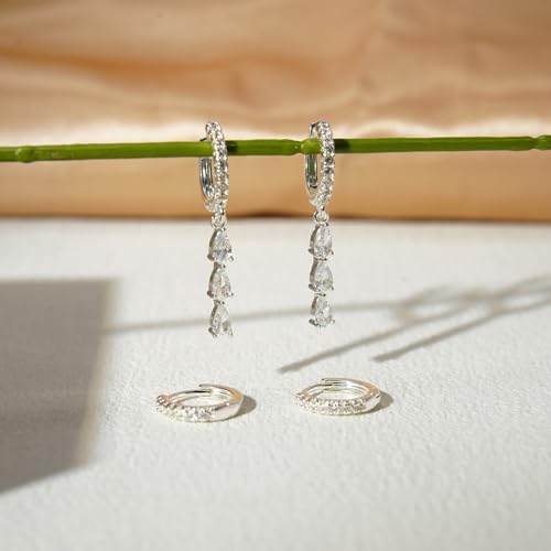 Bheop Gold Silver Dangle Earrings for Women, Cubic Zirconia Earring Stack - color: Silver-cz dangle hoop set