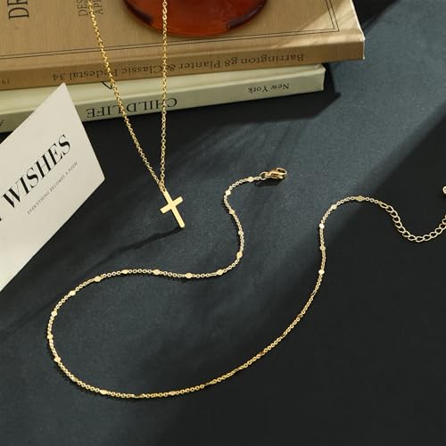 Cross Necklace for Women 14K Gold Silver Plated Small Cross Necklace Dainty Cross Pendant Choker Simple Trendy Cute Sideway Cross Charm Chain Necklaces for Women Trendy Christian Baptism Religious Faith Jewelry Gifts - size: Gold-519
