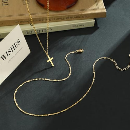 Cross Necklace for Women 14K Gold Silver Plated Small Cross Necklace Dainty Cross Pendant Choker Simple Trendy Cute Sideway Cross Charm Chain Necklaces for Women Trendy Christian Baptism Religious Faith Jewelry Gifts - size: Gold-519