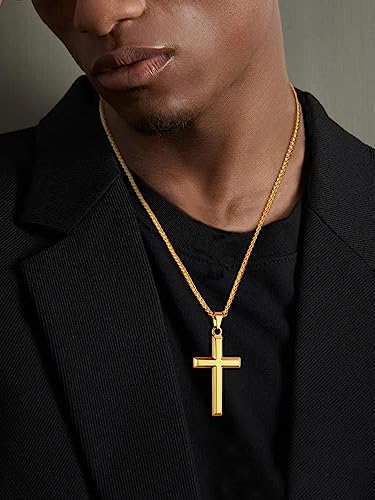ChainsHouse Cross Necklace for Men, Black/18K Gold Plated/Stainless Steel Christian Jewelry Cross Pendant Necklace for Men, with Gift Box - color: d: Cross-Gold